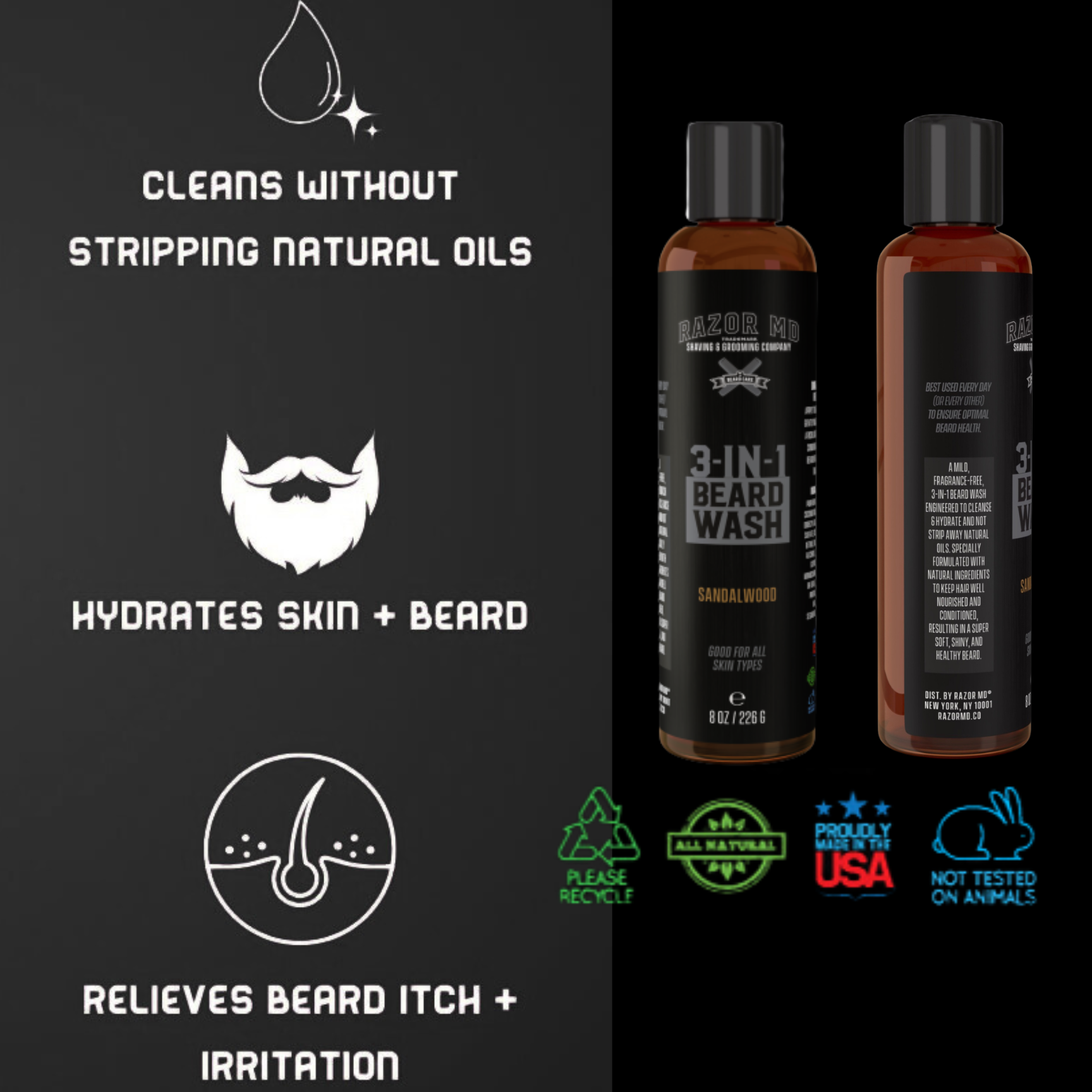 3 in 1 BEARD WASH - Sandalwood - 8oz - MADE IN USA